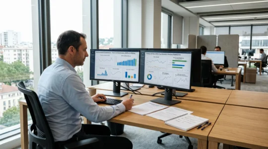 Acheteur IT analysant des tableaux de bord e-commerce sur deux écrans d'ordinateur dans un bureau moderne, avec documents contractuels sur le bureau