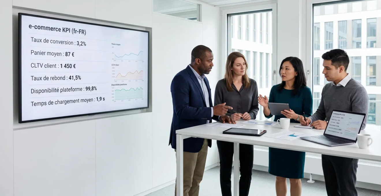 Réunion transversale entre professionnels IT et métiers autour d'un tableau de bord digital affichant des KPIs e-commerce en temps réel dans une salle moderne