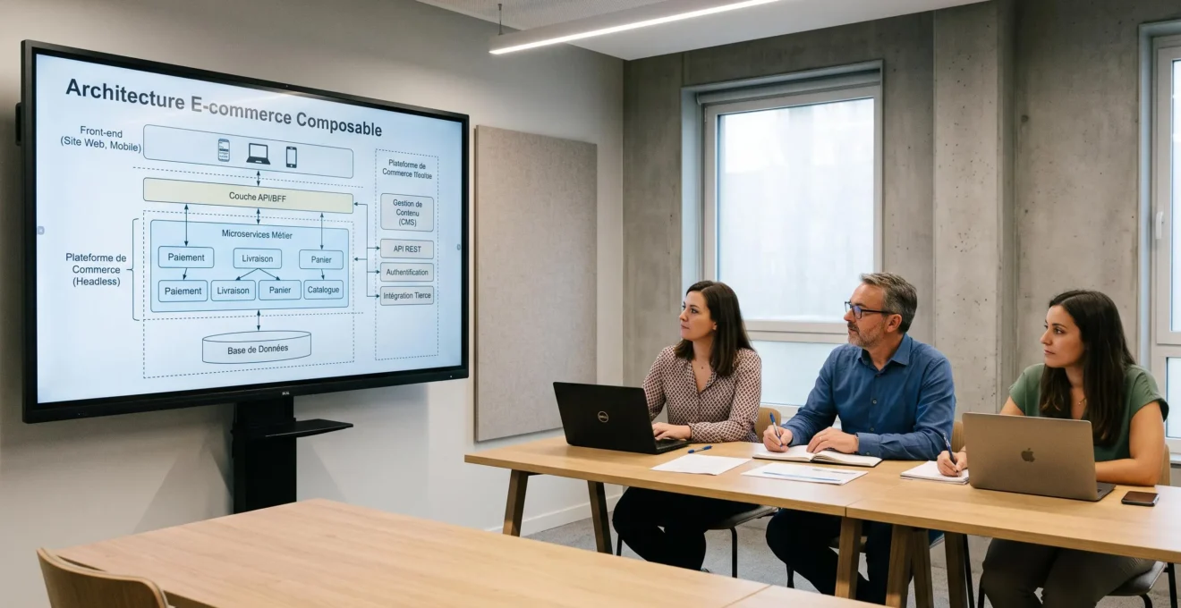 Session de formation professionnelle sur les architectures e-commerce, écran affichant un diagramme technique avec trois professionnels assis à une table avec ordinateurs portables